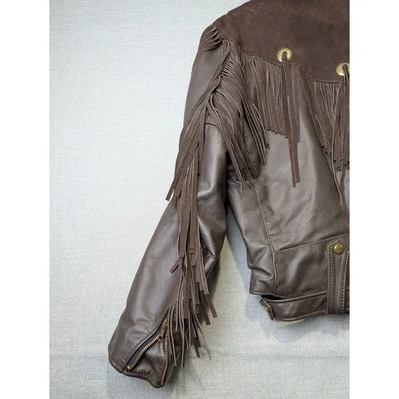 VTG Park V Leather Insulated Fringe Jacket Mens 46 Brown Suede Western Biker - Picture 11 of 11